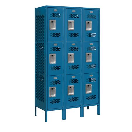 SALSBURY INDUSTRIES 3 Tier Vented Locker, 36"Wx66"Hx15"D, 9 Door, Blue, Unassembled 73355BL-U